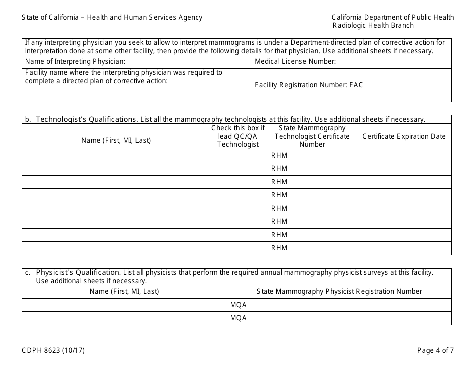 Form CDPH8623 Application for Mammography Facility / Machine Certification - California, Page 4