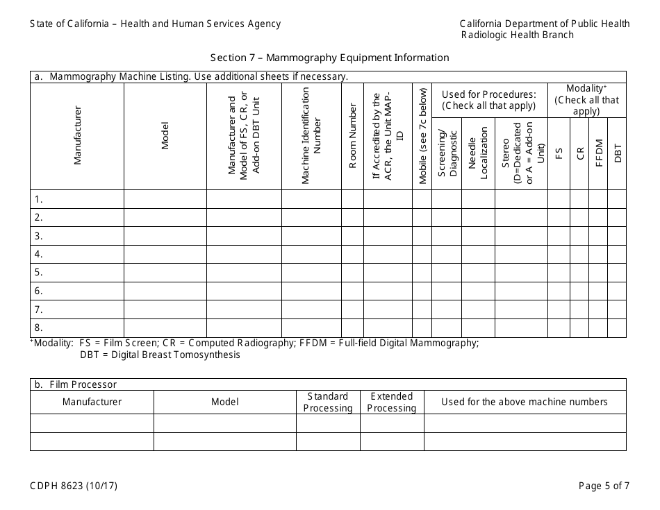 Form CDPH8623 Application for Mammography Facility / Machine Certification - California, Page 5