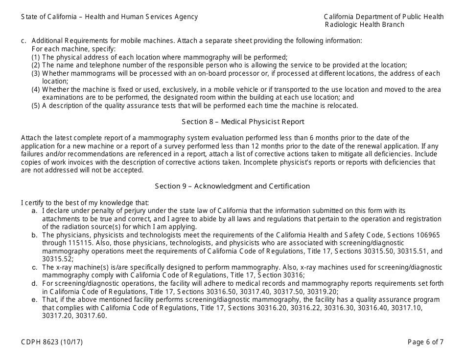 Form CDPH8623 Application for Mammography Facility / Machine Certification - California, Page 6