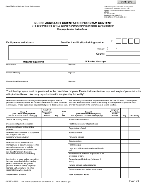 Form CDPH278A  Printable Pdf