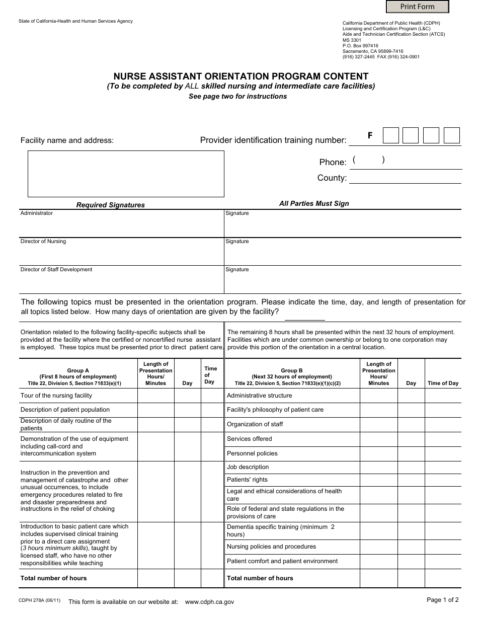 Form CDPH278A Nurse Assistant Orientation Program Content - California, Page 1