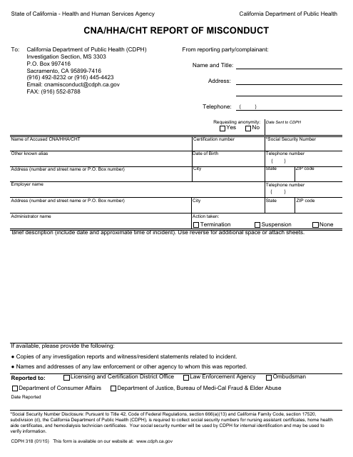 Form CDPH318 Cna/Hha/Cht Report of Misconduct - California
