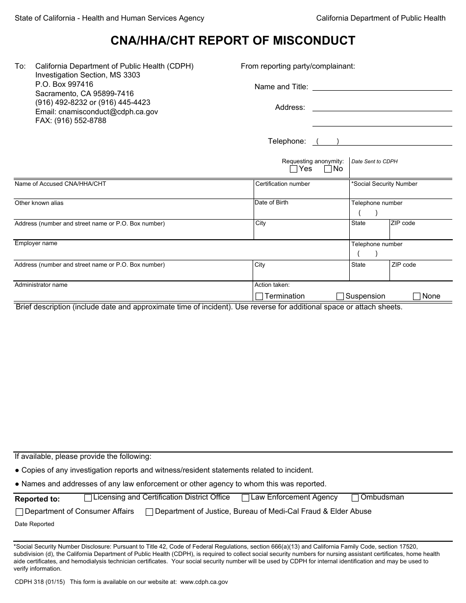 Form CDPH318 Cna / Hha / Cht Report of Misconduct - California, Page 1