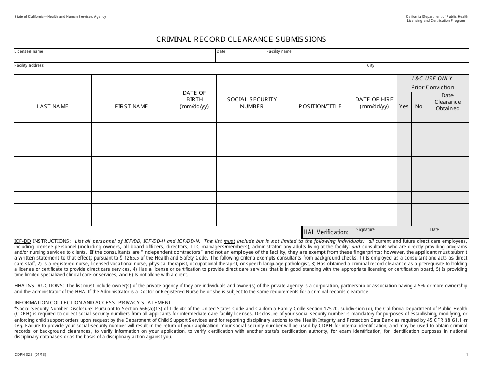 Form CDPH325 Criminal Record Clearance Submissions - California, Page 1