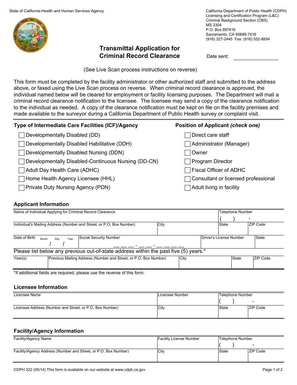 Form CDPH322 Transmittal Application for Criminal Record Clearance - California, Page 1