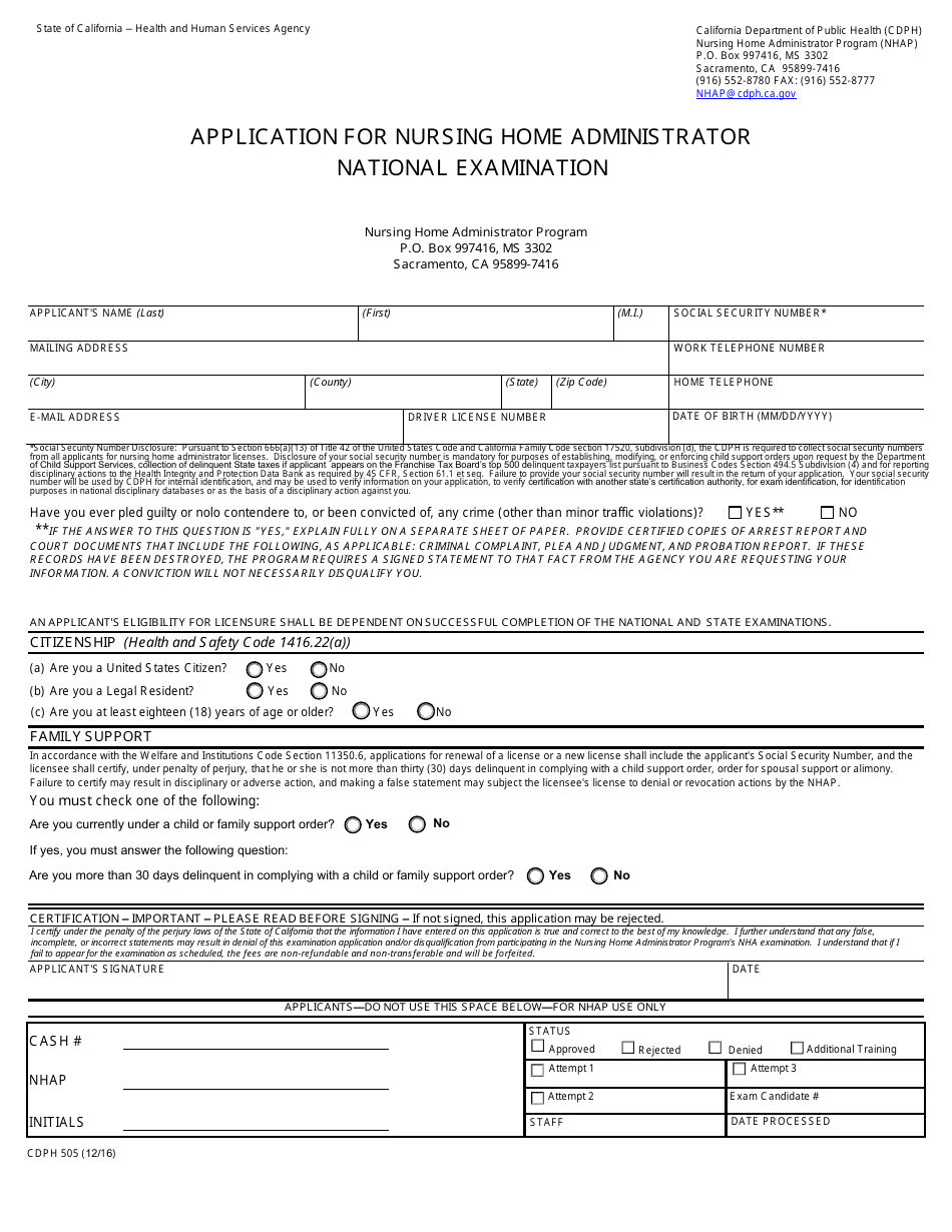 Form CDPH505 Application for Nursing Home Administrator National Examination - California, Page 1