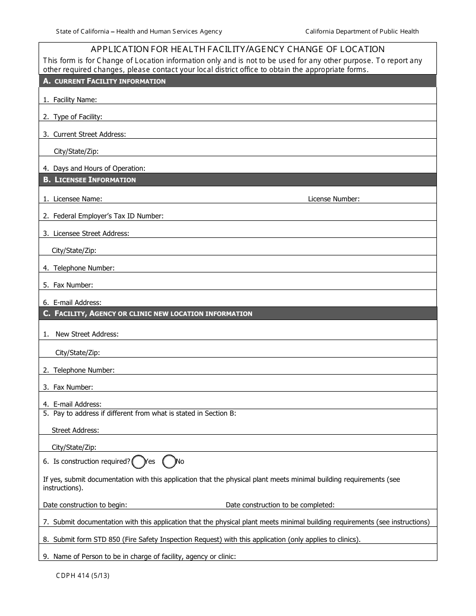 Form CDPH414 Application for Health Facility / Agency Change of Location - California, Page 1