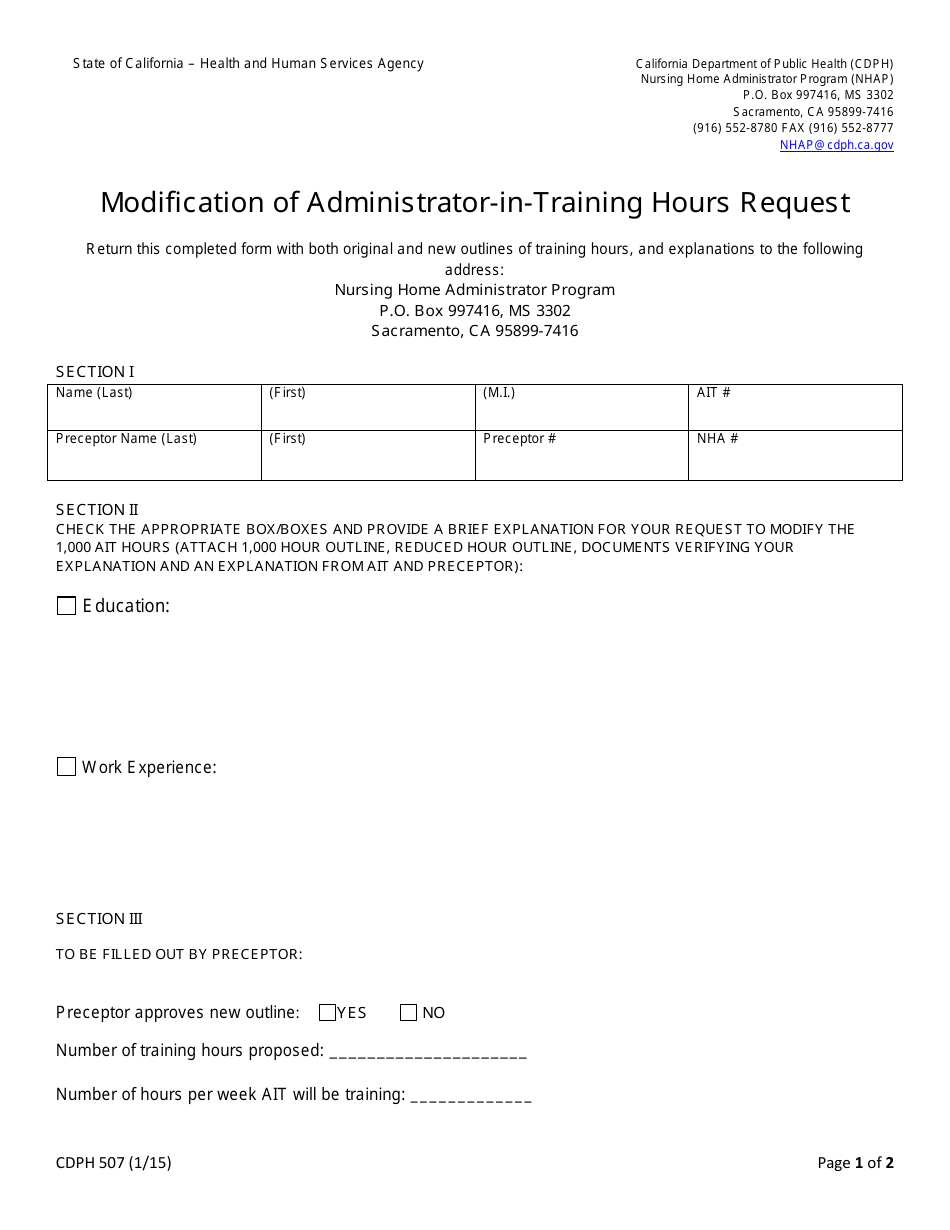 Form CDPH507 Modification of Administrator-In-training Hours Request - California, Page 1