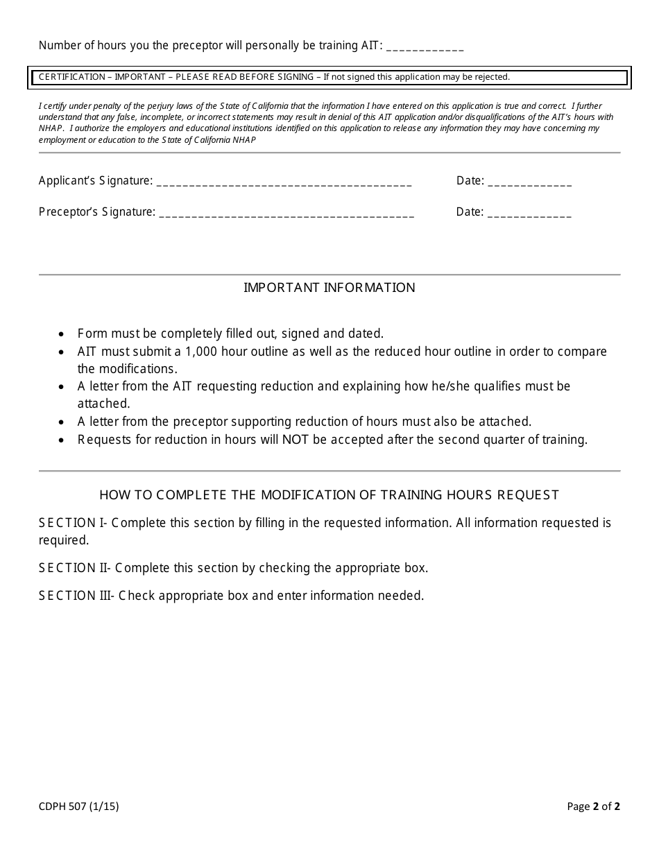 Form CDPH507 Modification of Administrator-In-training Hours Request - California, Page 2