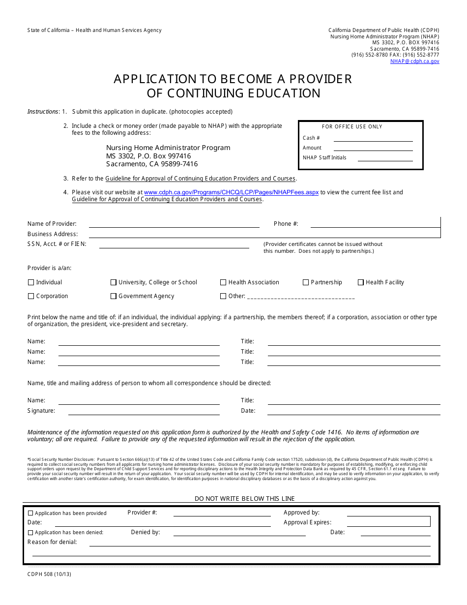 Form CDPH508 Application to Become a Provider of Continuing Education - California, Page 1