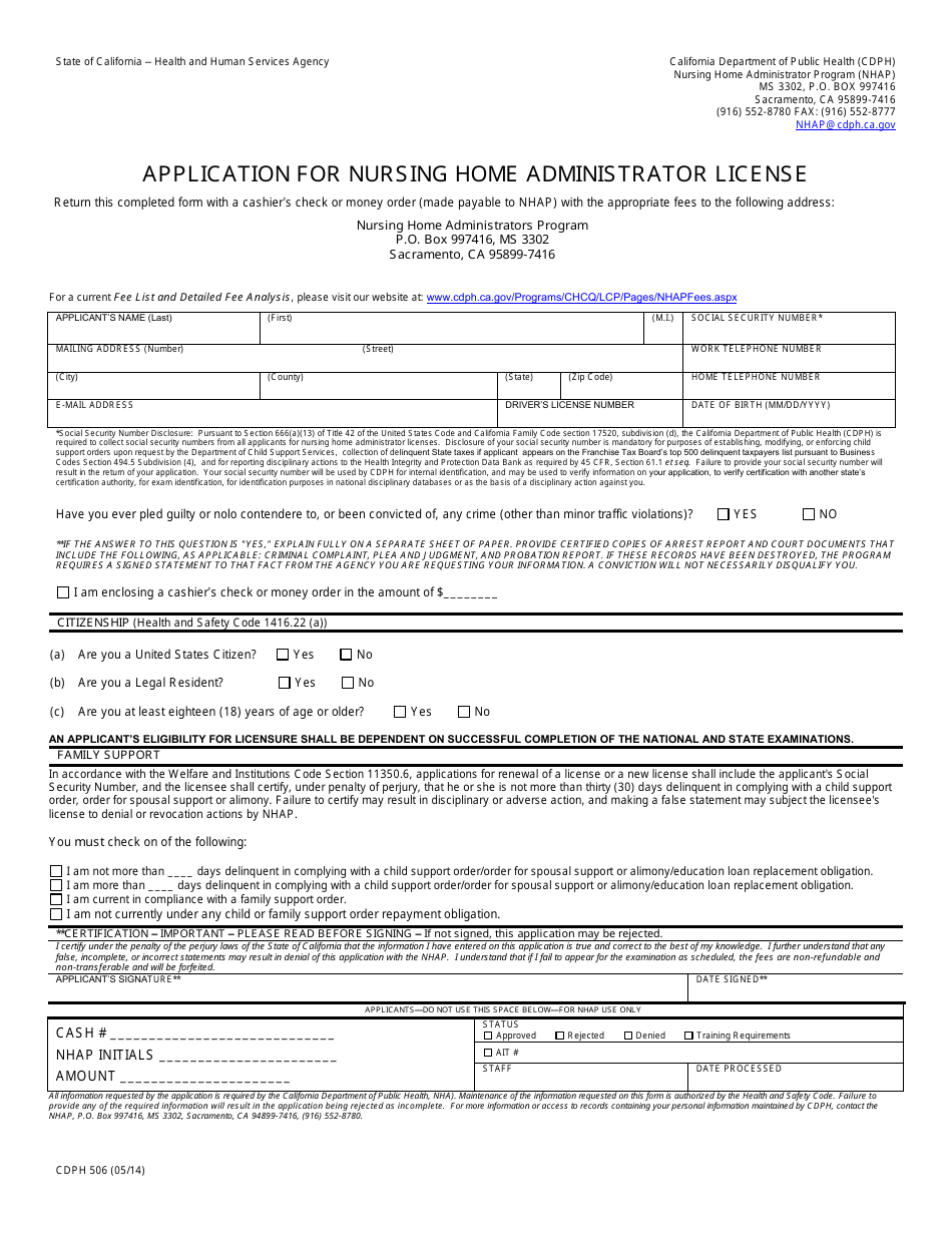 Form CDPH506 Application for Nursing Home Administrator License - California, Page 1