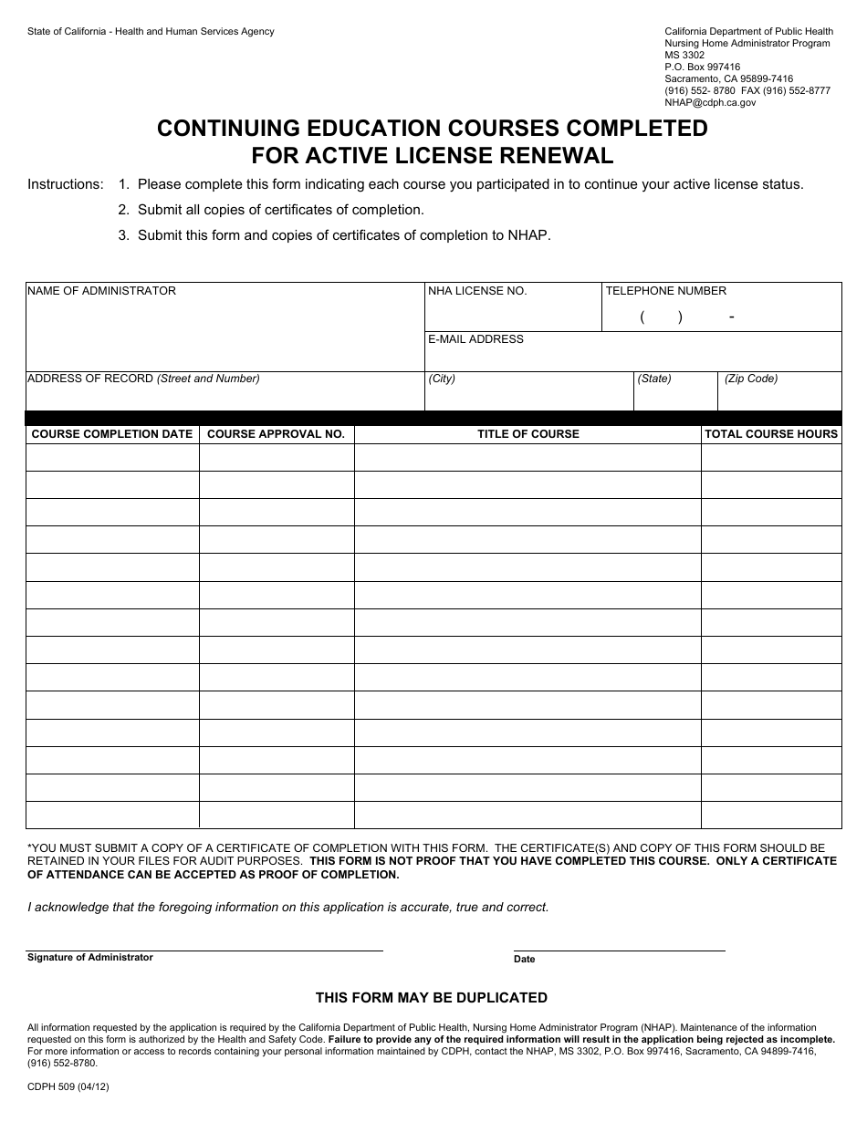 Form CDPH509 Continuing Education Courses Completed for Active License Renewal - California, Page 1