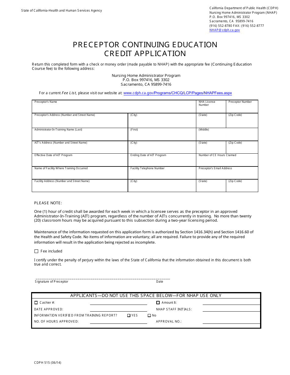 Form CDPH515 Preceptor Continuing Education Credit Application - California, Page 1