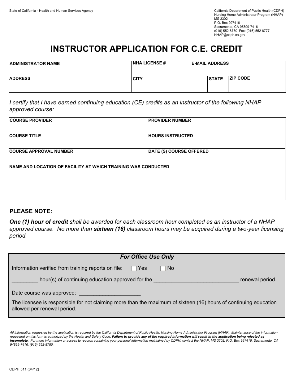 Form CDPH511 Instructor Application for C.e. Credit - California, Page 1