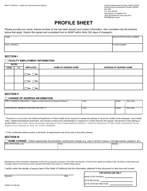 Form CDPH514  Printable Pdf