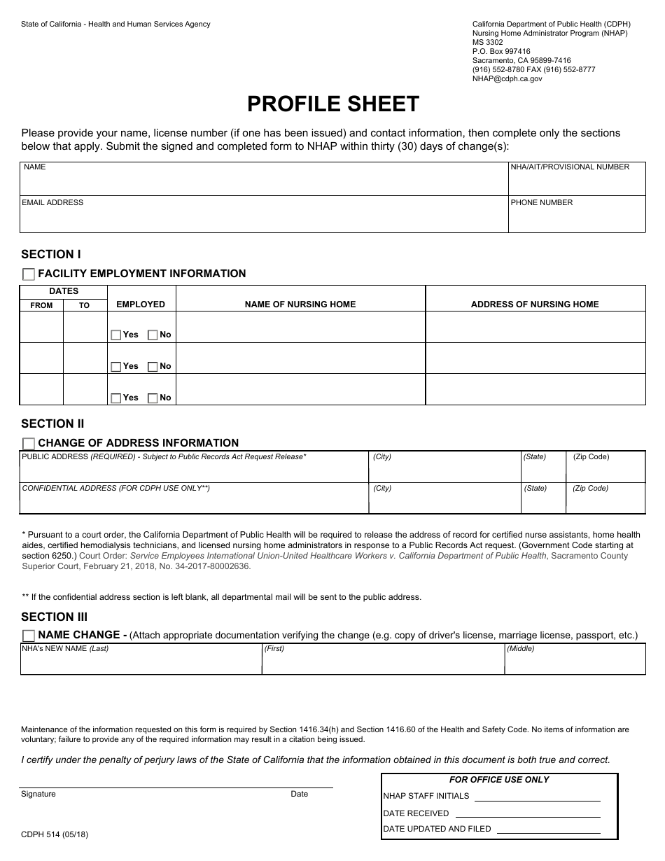 Form CDPH514 Profile Sheet - California, Page 1