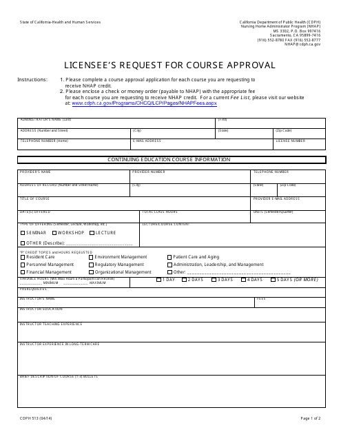 Form CDPH513 Licensee's Request for Course Approval - California