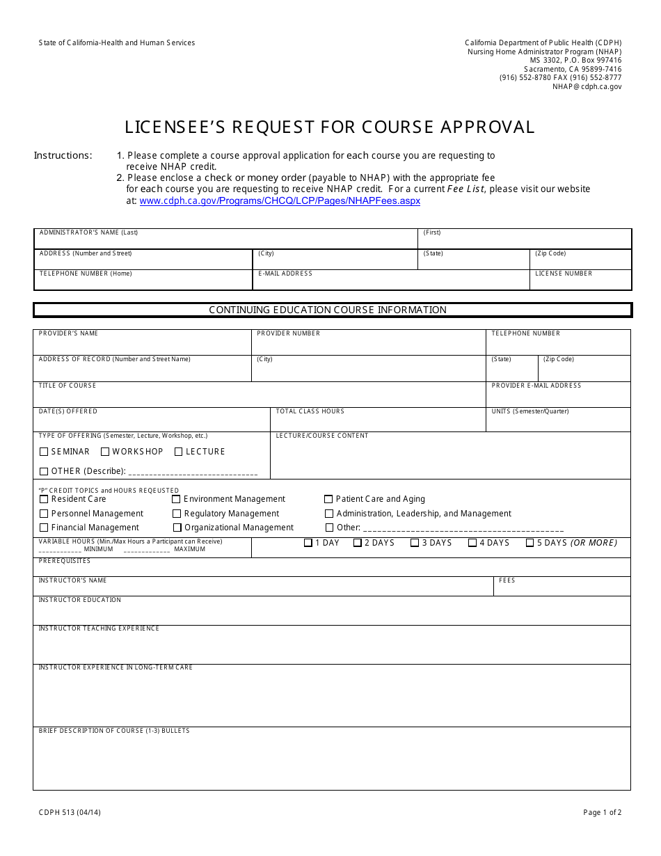 Form CDPH513 Licensees Request for Course Approval - California, Page 1