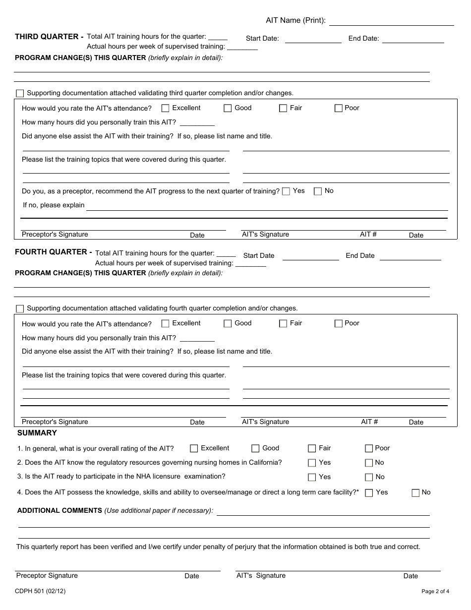 Form CDPH501 Administrator-In-training (Ait) Evaluation Report - California, Page 2