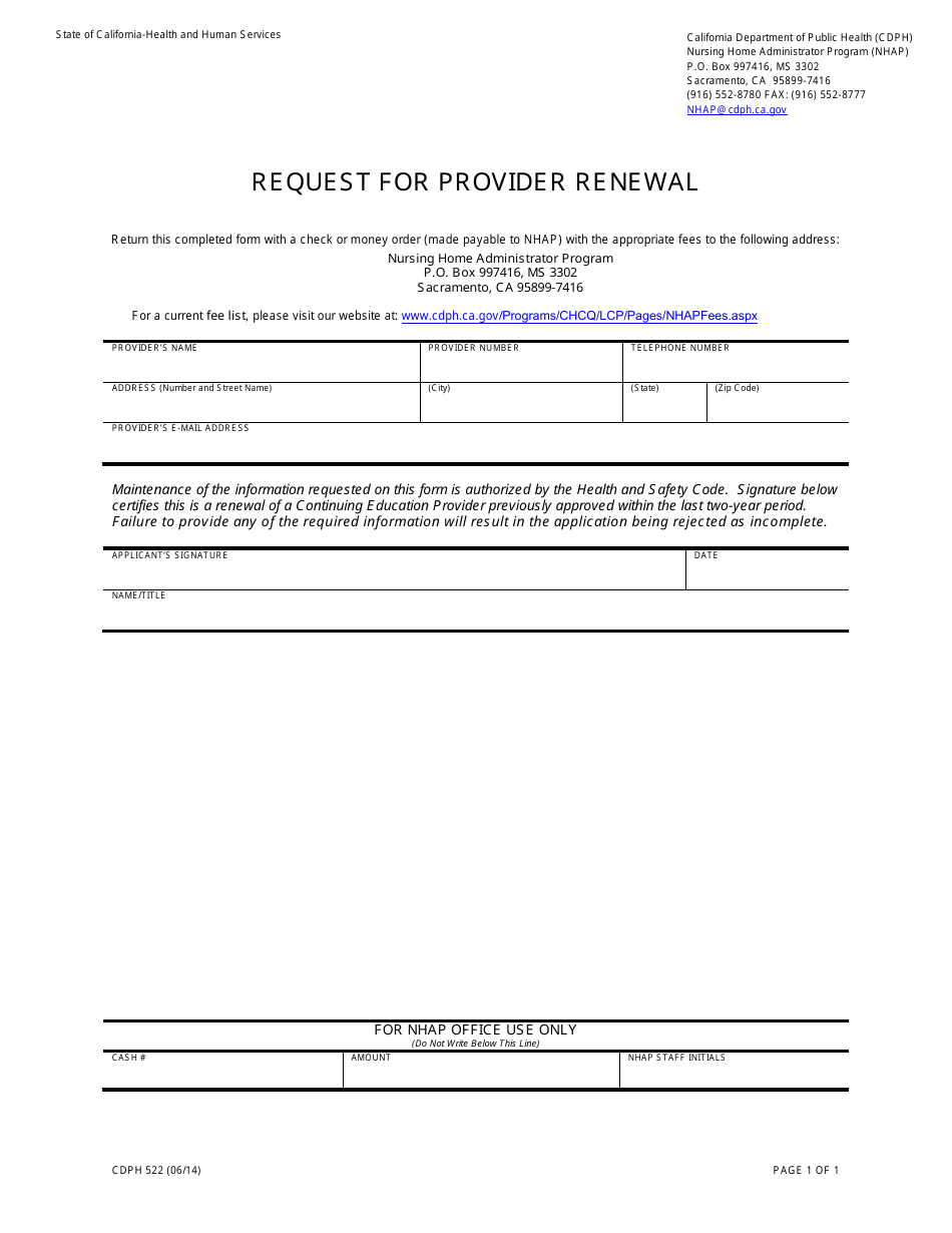 Form CDPH522 Request for Provider Renewal - California, Page 1
