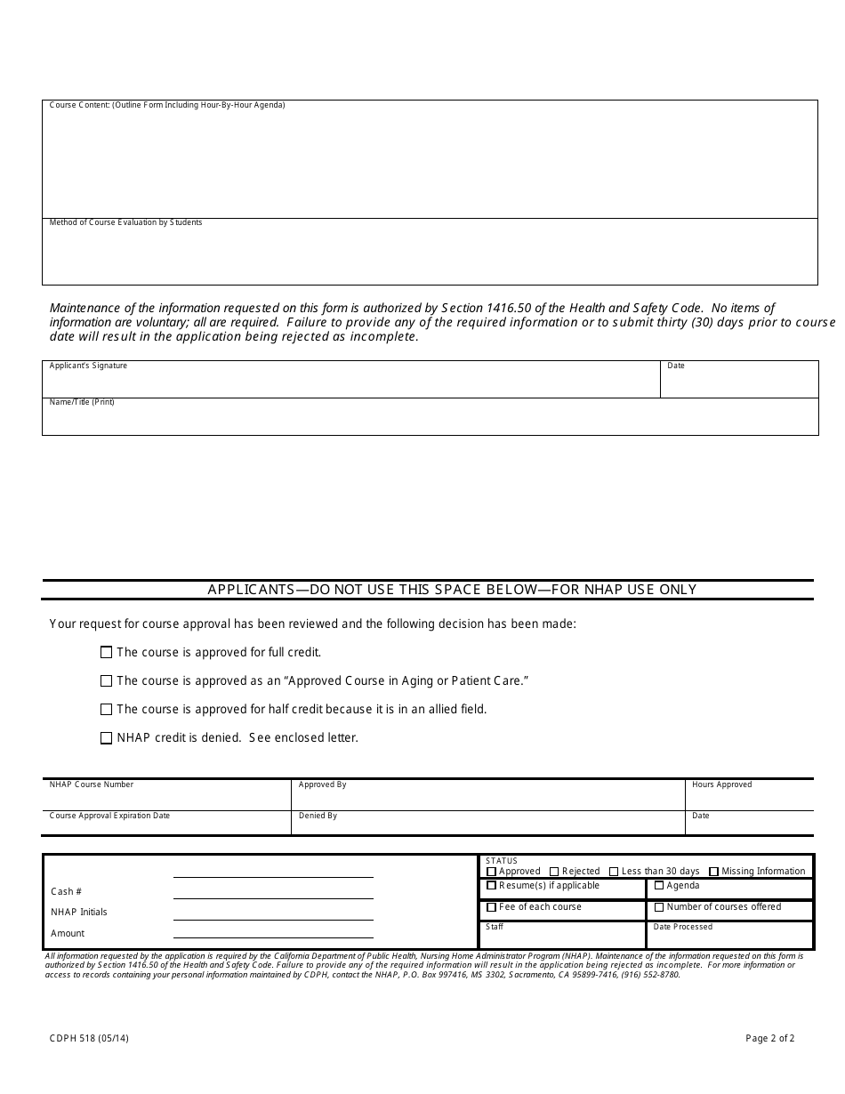 Form CDPH518 Provider Request for Course Approval - California, Page 2