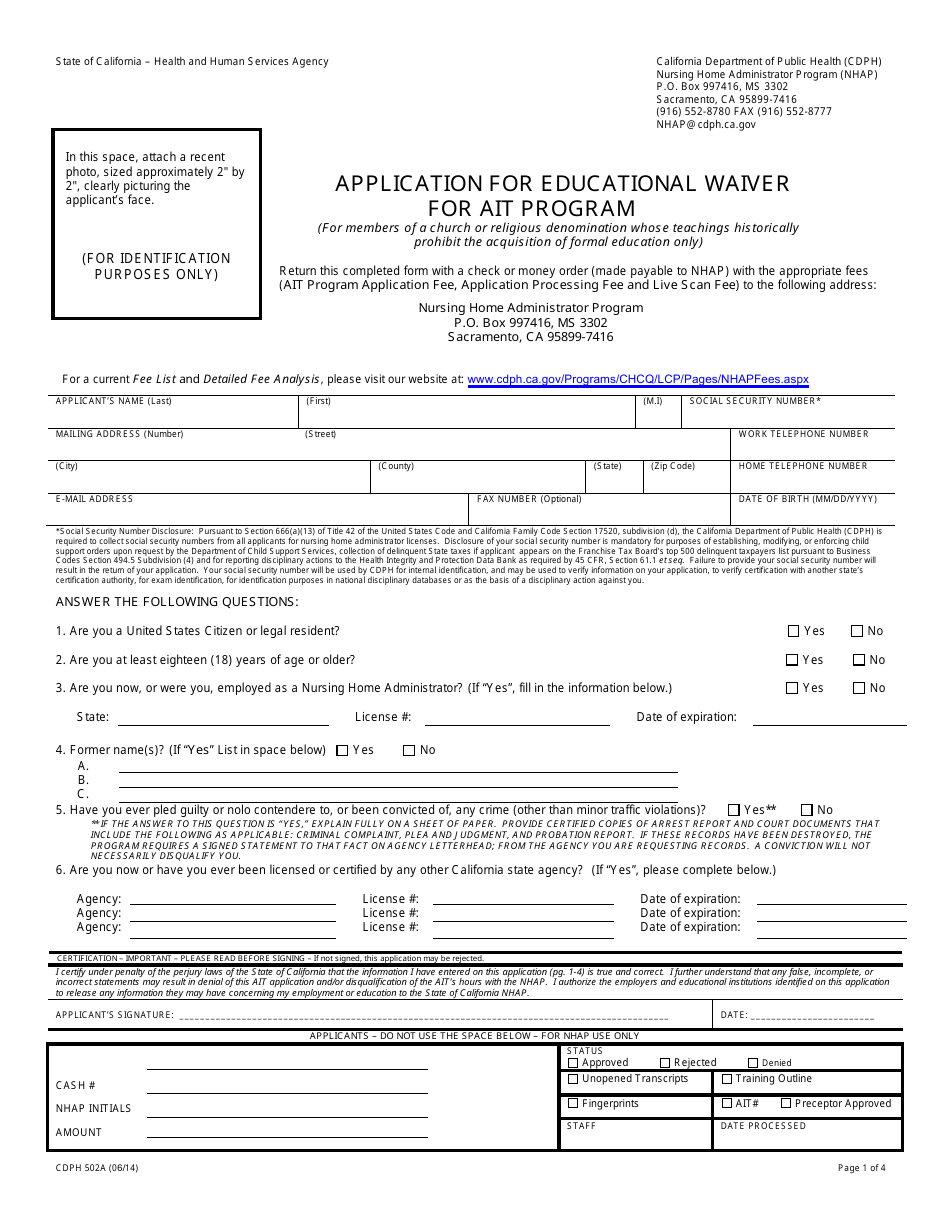 Form CDPH502A Application for Educational Waiver for Ait Program - California, Page 1
