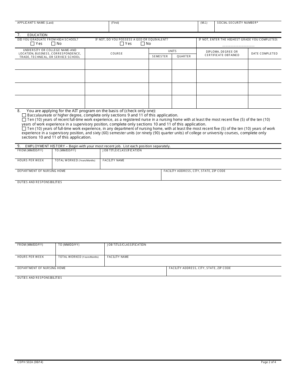 Form CDPH502A Application for Educational Waiver for Ait Program - California, Page 2