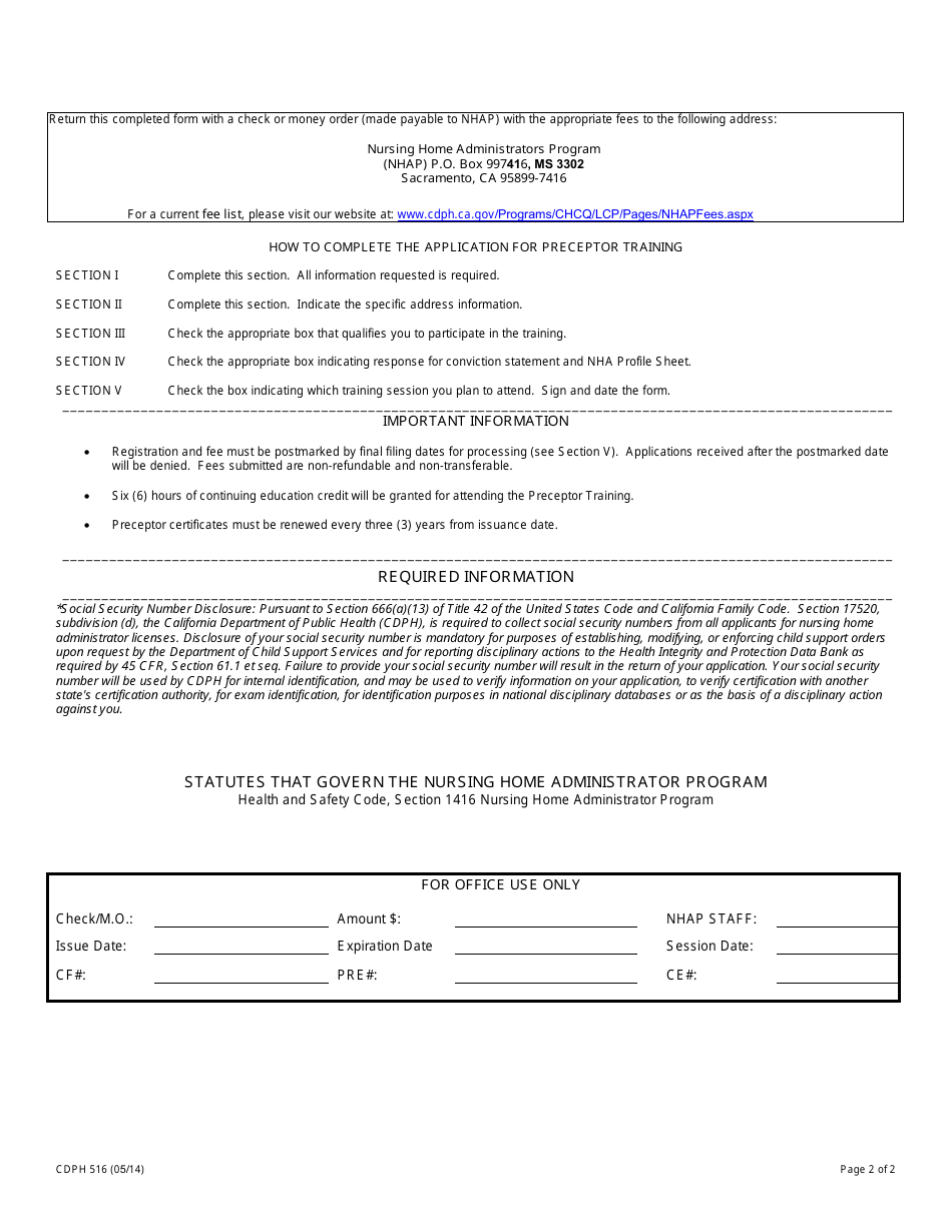 Form CDPH516 Nhap Preceptor Training Registration Form - California, Page 2