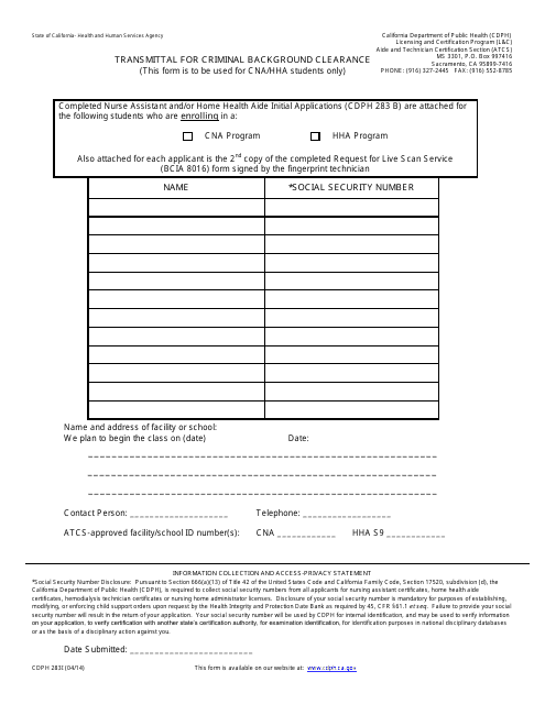 Form CDPH283I  Printable Pdf