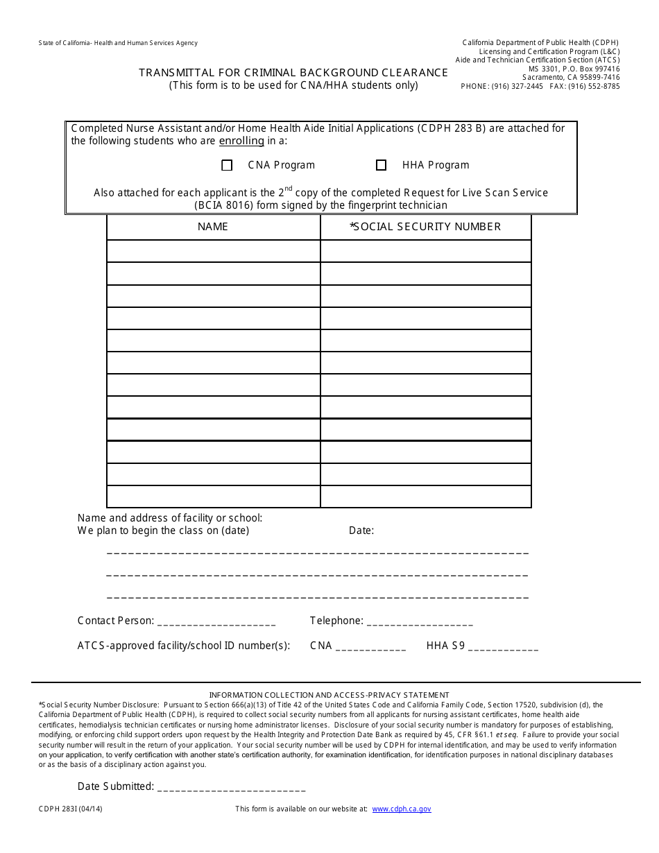 Form CDPH283I Transmittal for Criminal Background Clearance - California, Page 1