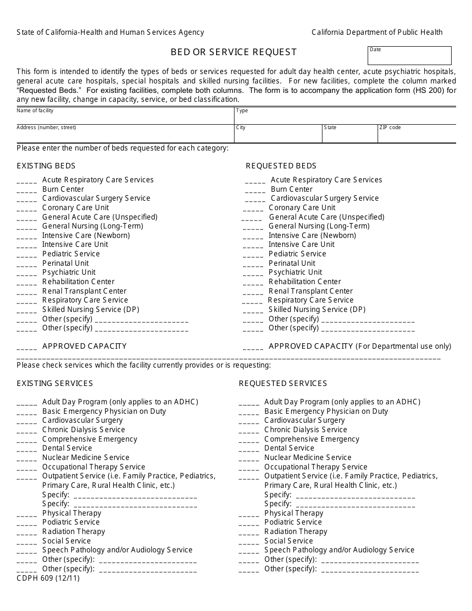 Form CDPH609 Bed or Service Request - California, Page 1