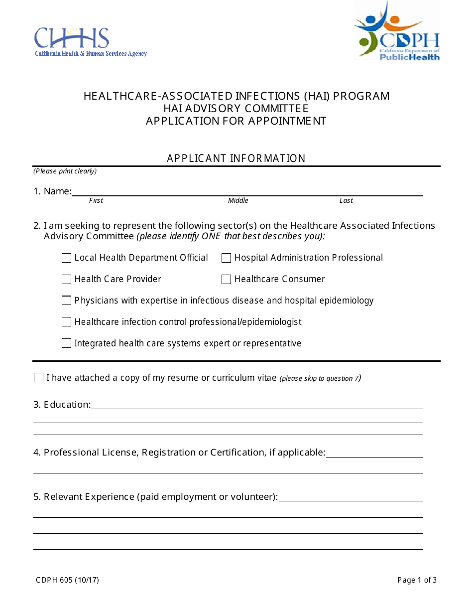 Form CDPH605 Healthcare Associated Infections (Hai) Advisory Committee Application for Appointment - California, Page 1