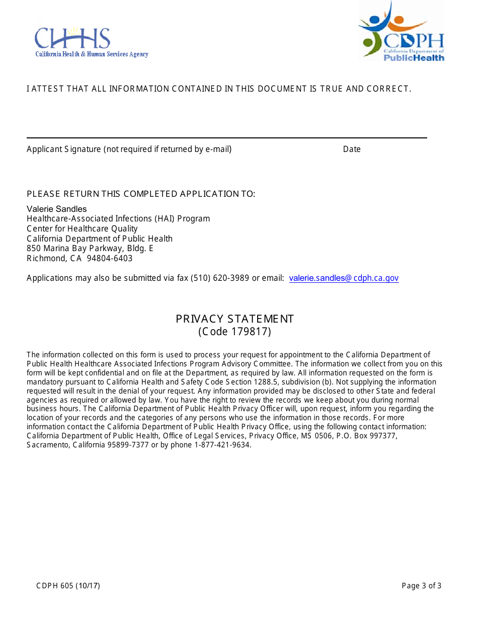 Form CDPH605 Healthcare Associated Infections (Hai) Advisory Committee Application for Appointment - California, Page 3