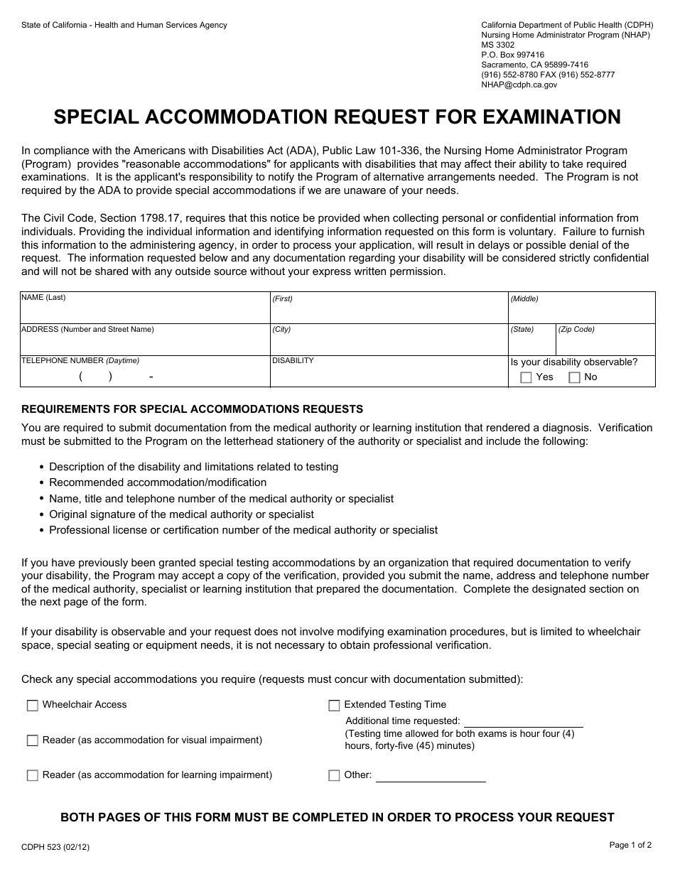 Form CDPH523 Special Accommodation Request for Examination - California, Page 1