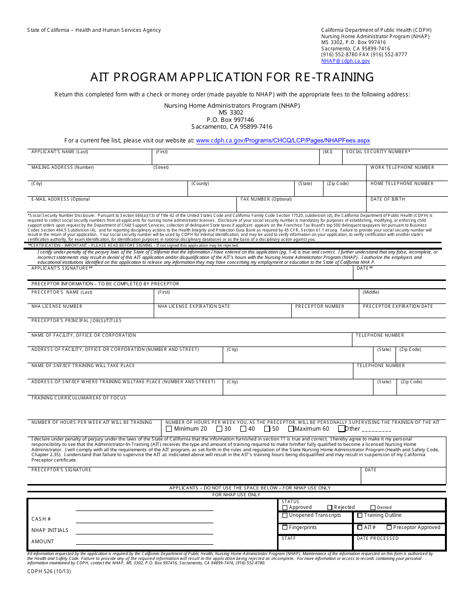 Form CDPH526 Ait Program Application for Re-training - California, Page 1