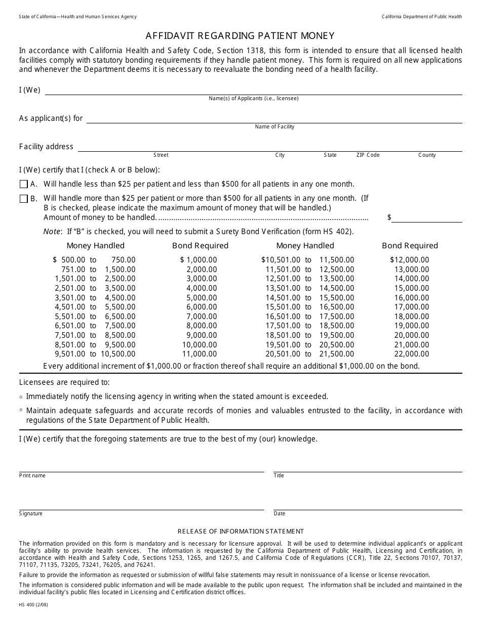 Form HS400 Affidavit Regarding Patient Money - California, Page 1