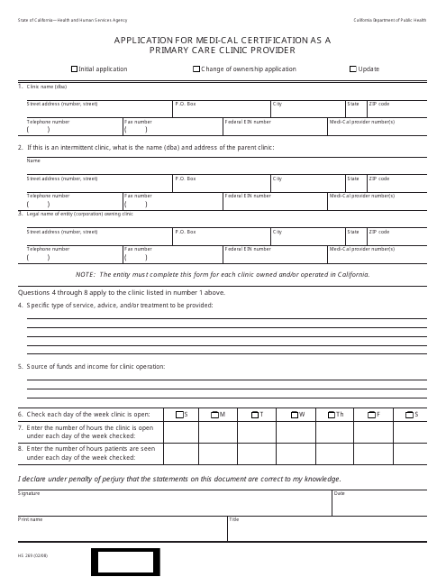 Form HS269  Printable Pdf