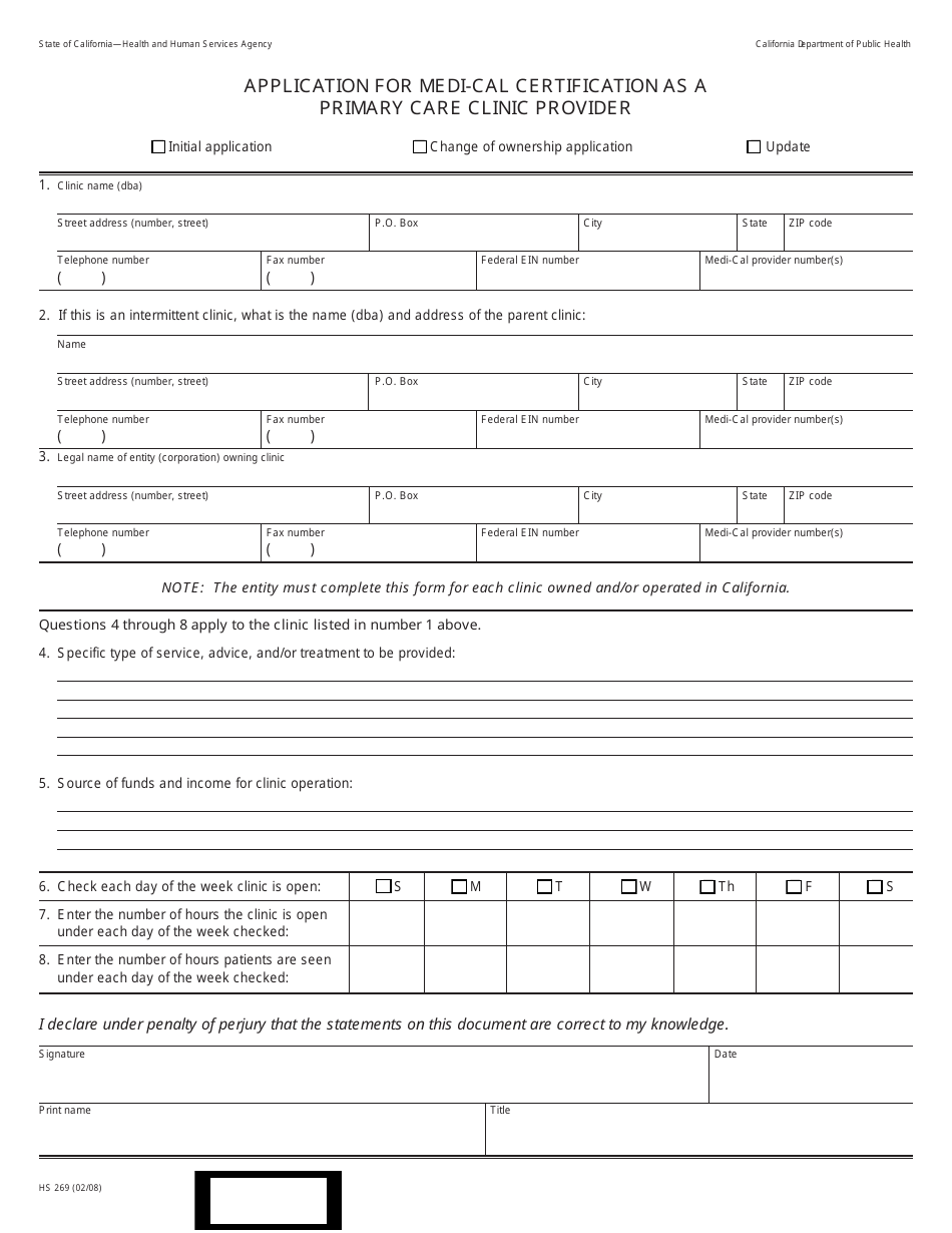 Form HS269 Application for Medi-Cal Certification as a Primary Care Clinic Provider - California, Page 1