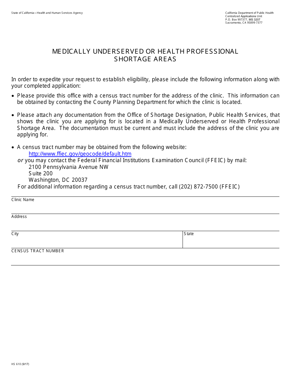 Form HS610 Medically Underserved or Health Professional Shortage Areas - California, Page 1