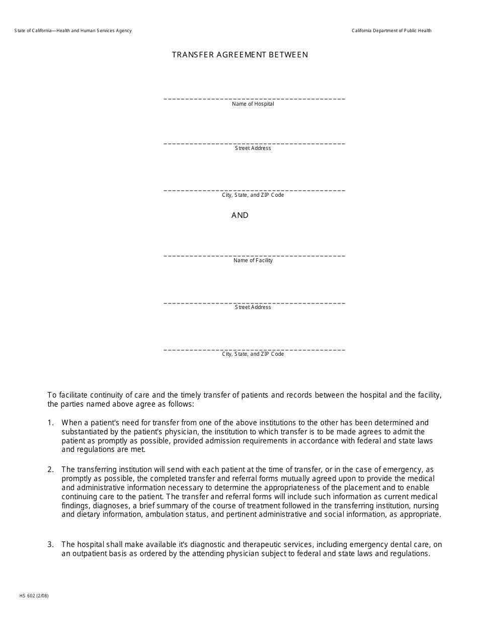 Form HS602 Transfer Agreement - California, Page 1