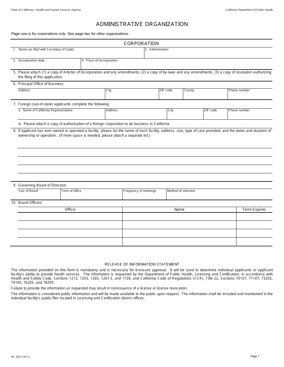 Form HS309 - Fill Out, Sign Online and Download Fillable PDF ...