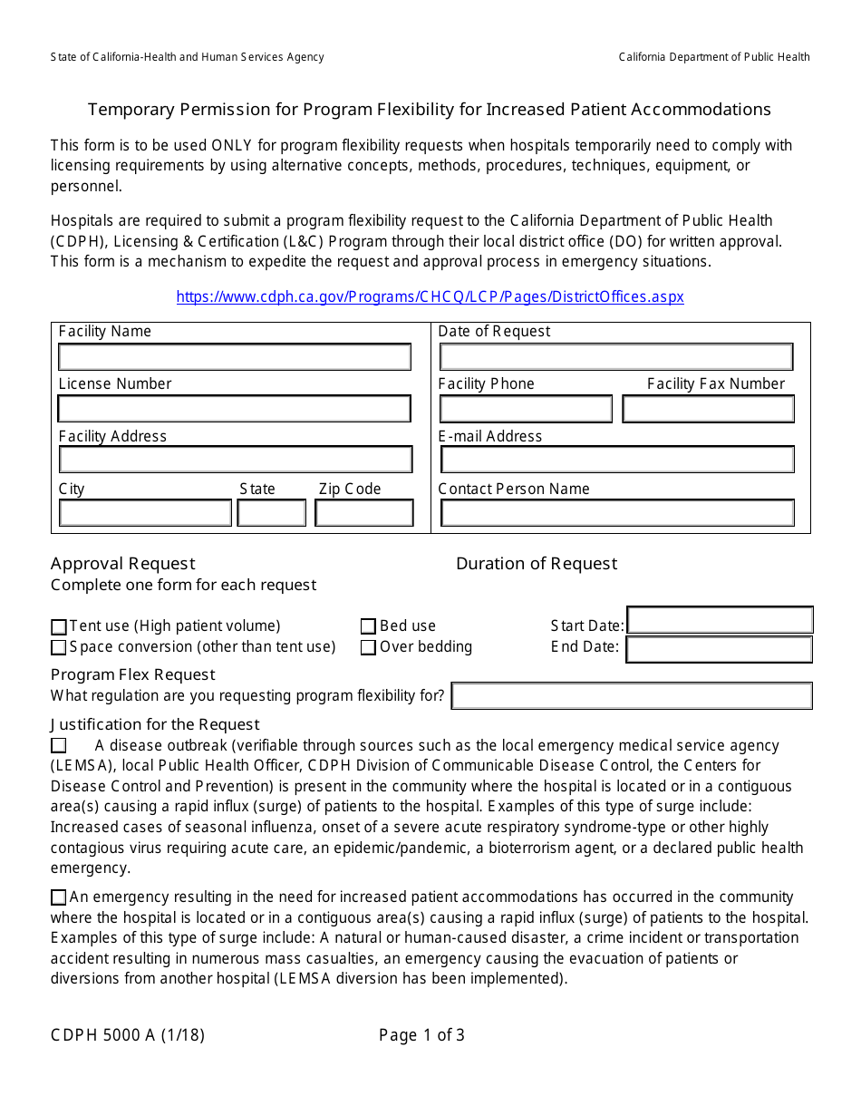 Form CDPH5000 A Temporary Permission for Program Flexibility for Increased Patient Accommodations - California, Page 1