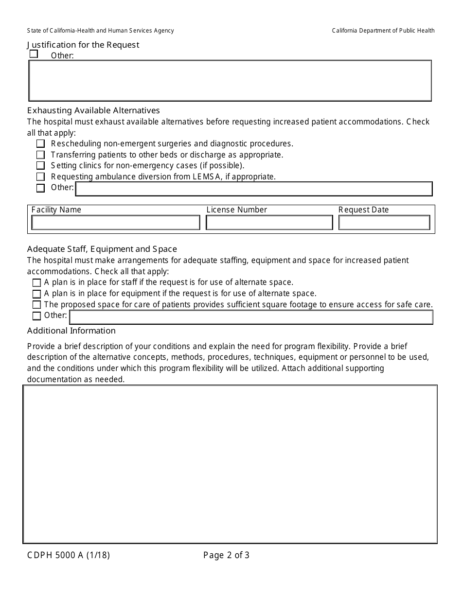 Form CDPH5000 A Temporary Permission for Program Flexibility for Increased Patient Accommodations - California, Page 2