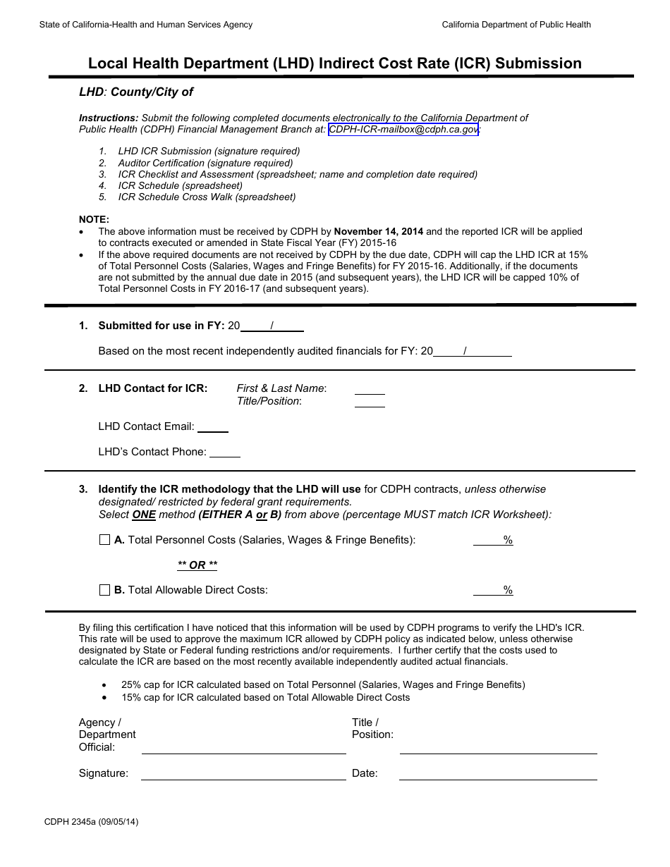 Form CDPH2345A Local Health Department (Lhd) Indirect Cost Rate (Icr) Submission - California, Page 1