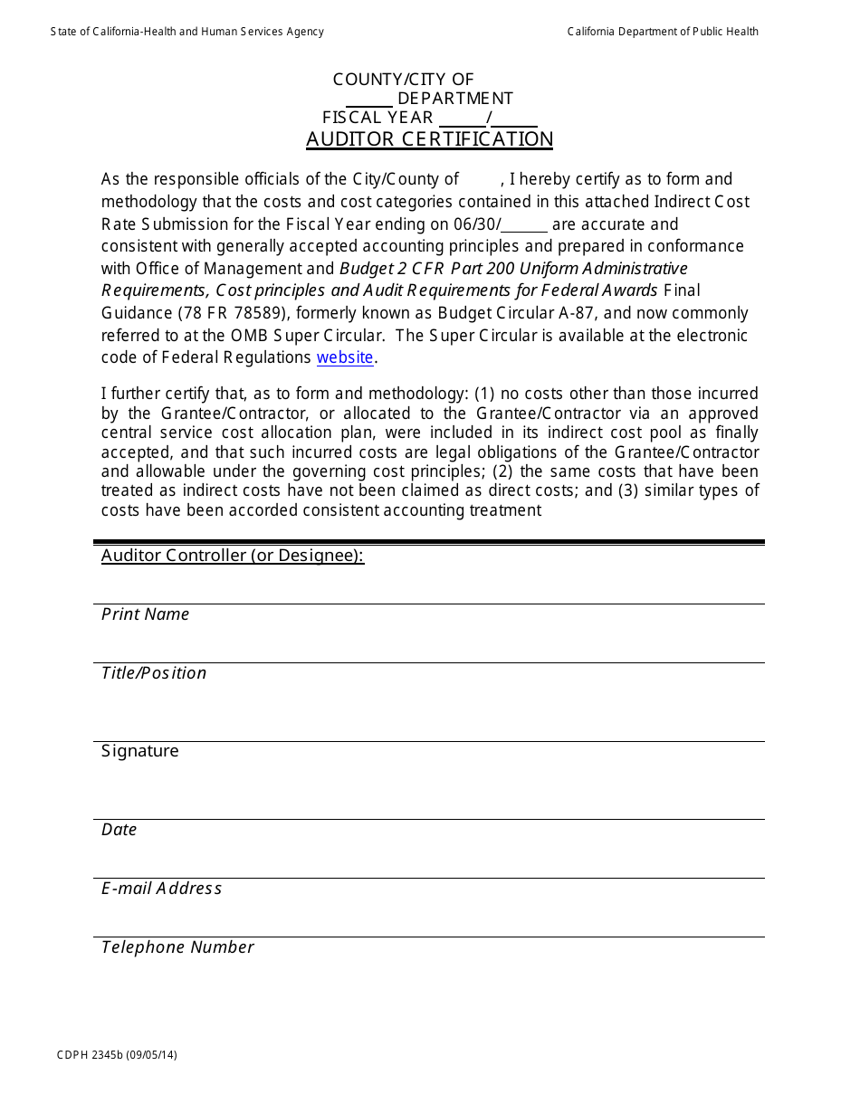 Form CDPH2345B Icr Certification Form - California, Page 1