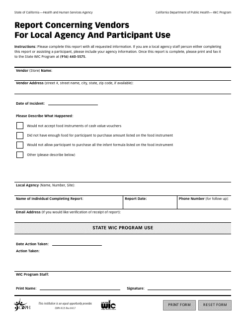 Form CDPH4125 Report Concerning Vendors for Local Agency and Participant Use - California