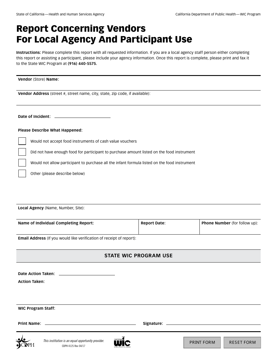 Form CDPH4125 Report Concerning Vendors for Local Agency and Participant Use - California, Page 1