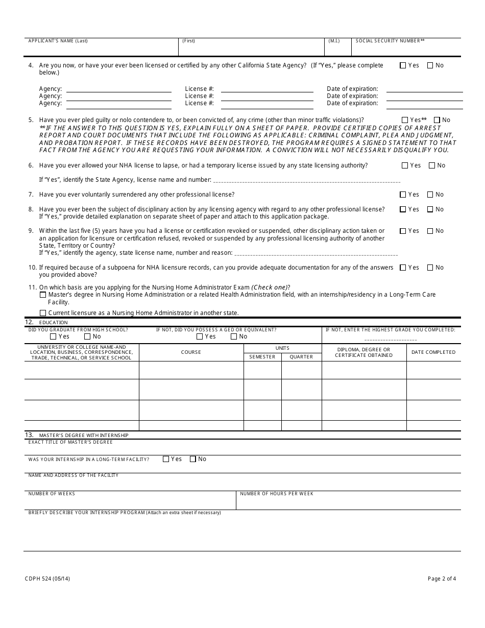 Form CDPH524 Masters or Reciprocity Application for Nursing Home Administrator Examination - California, Page 2