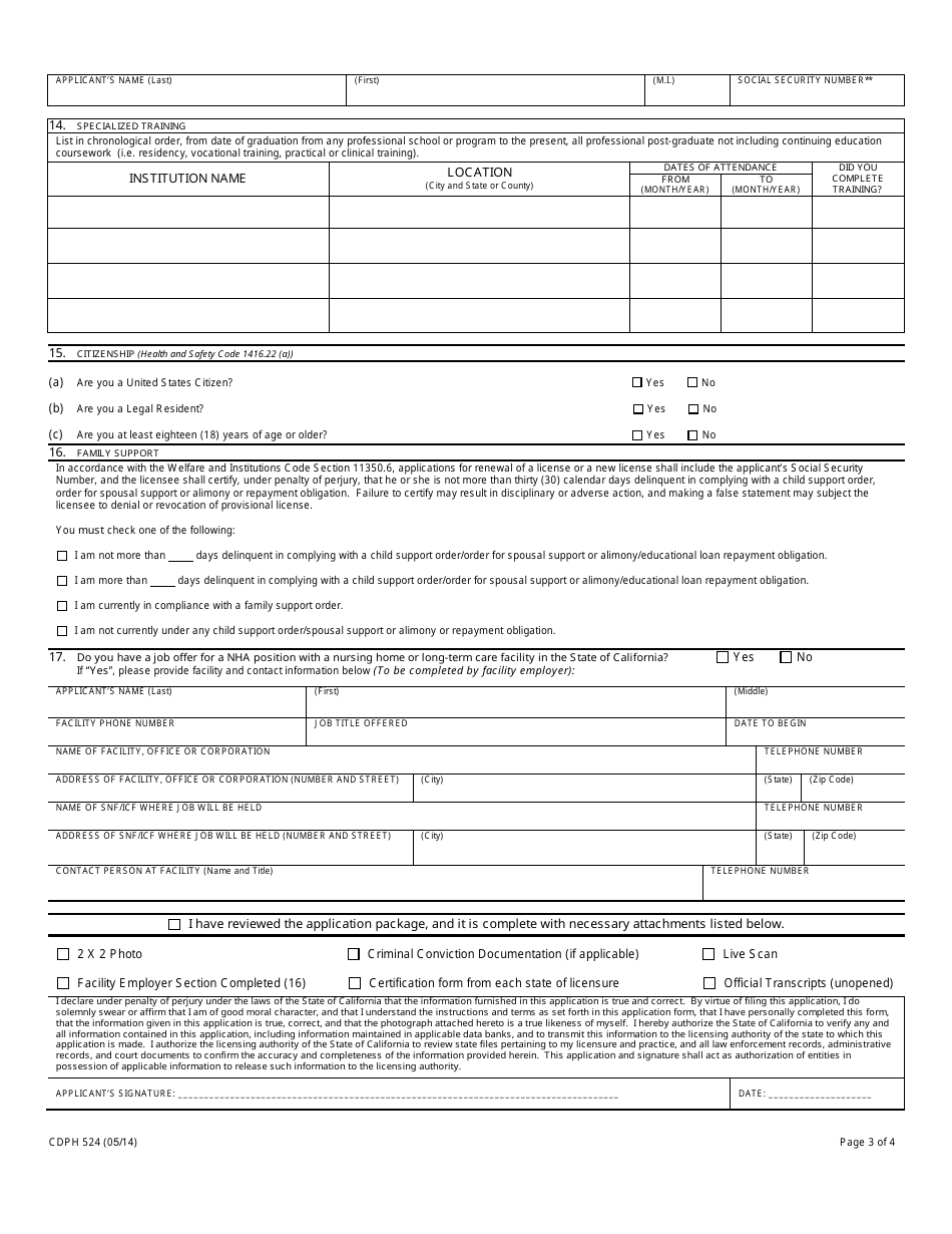 Form CDPH524 Masters or Reciprocity Application for Nursing Home Administrator Examination - California, Page 3