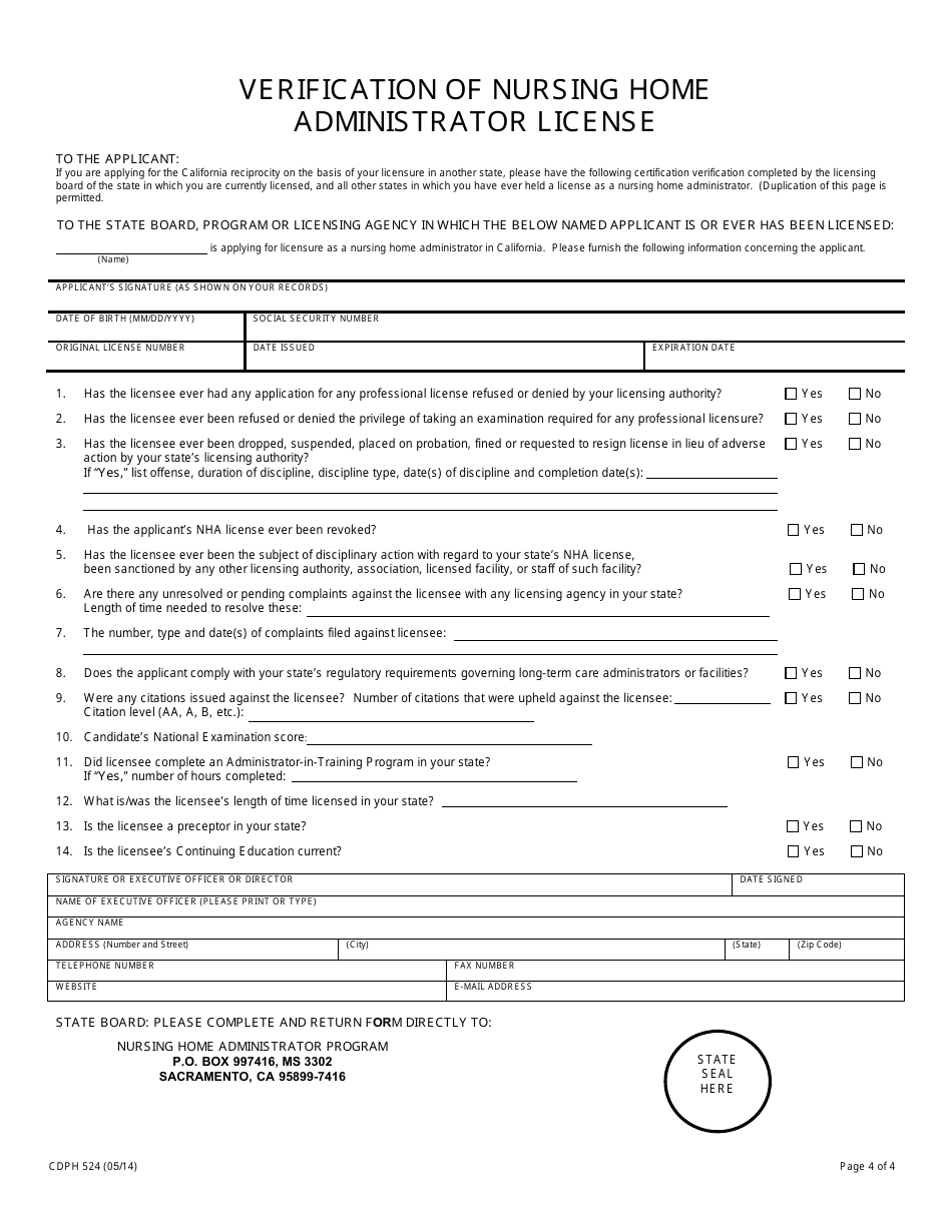 Form CDPH524 Masters or Reciprocity Application for Nursing Home Administrator Examination - California, Page 4
